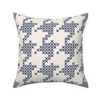$ Large scale classic faux cross stitch hounds tooth pattern, for nursery, baby rooms, kids apparel, baby accessories, calming wallpaper, fresh pastel bed linen, crafts and curtains - navy blue and eggshell cream