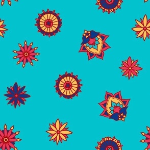 Red and Yellow Paisley Pattern on Blue Background