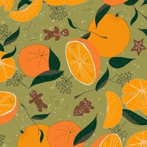 Festive fruits oranges green leaves brown gingerbread snowflakes on olive green