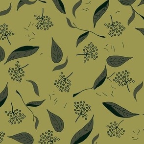 dark green leafage with fruit flowers on bright olive green