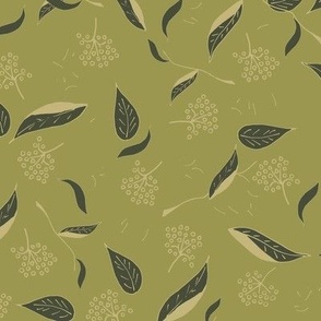 dark green leafage with light green fruit flowers on bright olive green