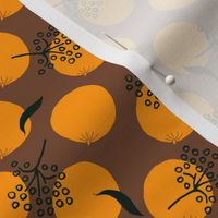 bright oranges and black flowers leaves on brown polka dots