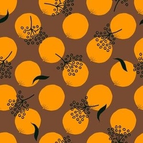 bright oranges and black flowers leaves on brown polka dots