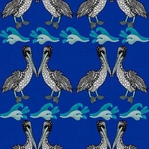 Caribbean pelicans doodled facing stripes small On royal deep blue 6” repeat