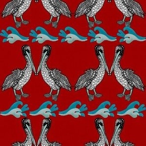 Caribbean pelicans doodled facing stripes small On rich red