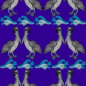 Caribbean pelicans doodled facing stripes small On deep purple texture