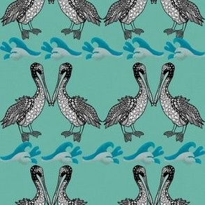 Caribbean pelicans doodled facing stripes small On teal texture