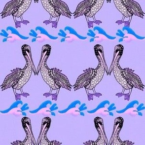 Caribbean pelicans doodled facing stripes small On pale violet