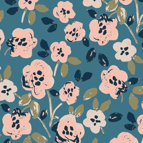 Mauve tone naive floral on turquoise
