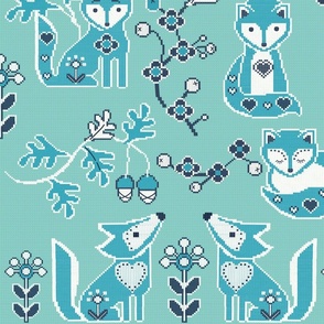 Faux Cross Stitch Floral Blue and Green Foxes