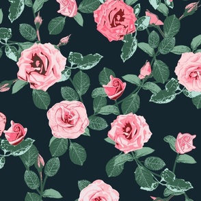 Roses Pink on Navy Large