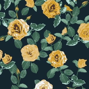 Roses Yellow on Navy Large