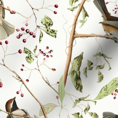 Canadian Titmice by John James Audubon  - Antiqued Reconstructed Bird Fabric - Birds And Branches on white 