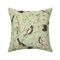 Canadian Titmice by John James Audubon  - Antiqued Reconstructed Bird Fabric - Birds And Branches on Green 