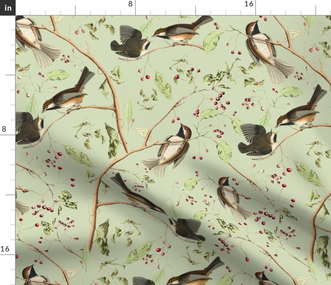 Canadian Titmice by John James Audubon  - Antiqued Reconstructed Bird Fabric - Birds And Branches on Green 