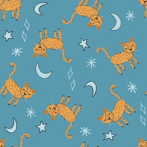 Medium - Scattered Leopards with Moon and Stars on Blue - Night Night Leopards