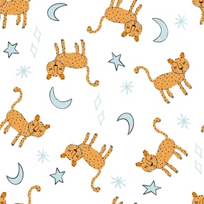 Medium - Scattered Leopards with Moon and Stars on White - Night Night Leopards