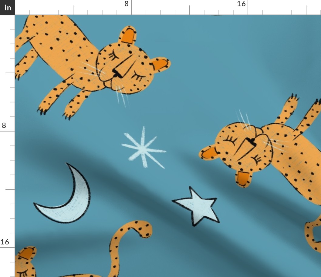 Large - Scattered Leopards with Moon and Stars on Blue - Night Night Leopards