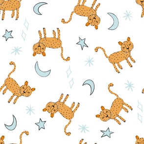 Large - Scattered Leopards with Moon and Stars on White - Night Night Leopards