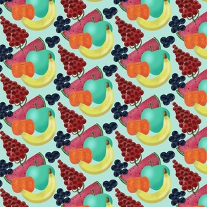 Fruit on teal background repeating pattern 