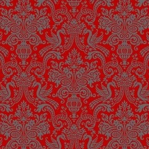 1910 Vintage Dragon and Vase Damask - Ohio State Colors - Gray on Scarlet