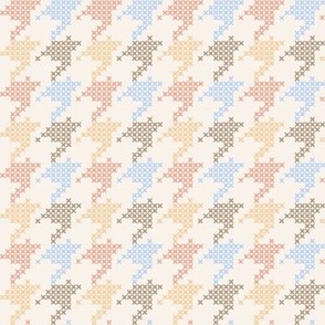 Small scale classic faux cross stitch hounds tooth pattern, for nursery, baby rooms, kids apparel, baby accessories, calming wallpaper, fresh pastel bed linen, crafts and curtains - blue, mustard and orange