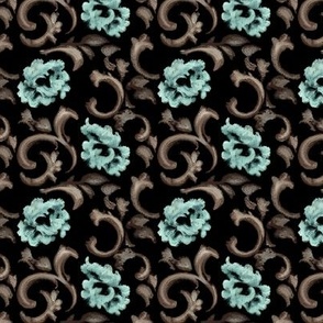 Turquoise and Bronze Floral Flourish on Black