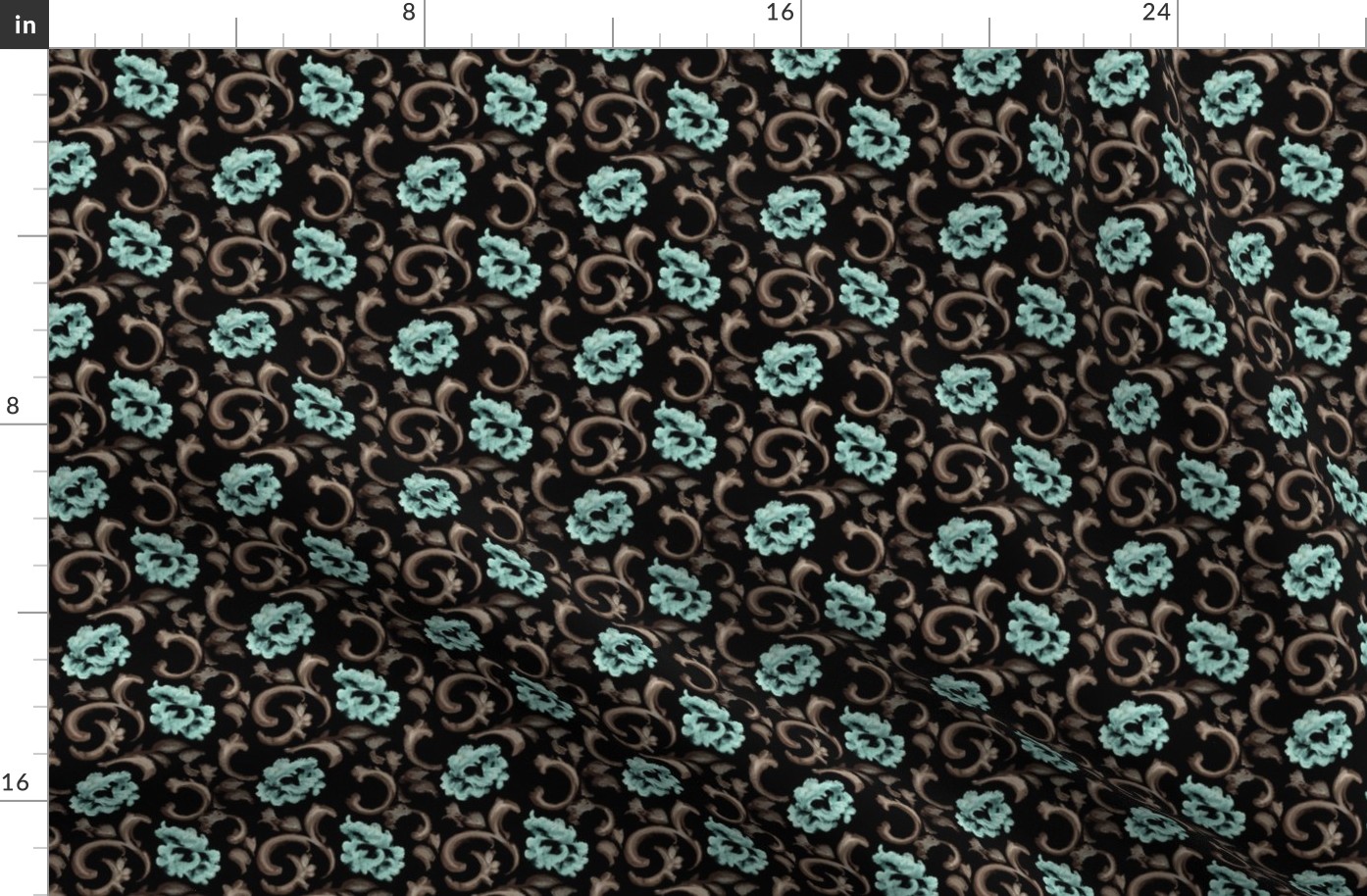Turquoise and Bronze Floral Flourish on Black