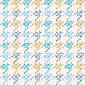 Small scale classic faux cross stitch hounds tooth pattern, for nursery, baby rooms, kids apparel, baby accessories, calming wallpaper, fresh pastel bed linen, crafts and curtains - aqua, mustard and blue