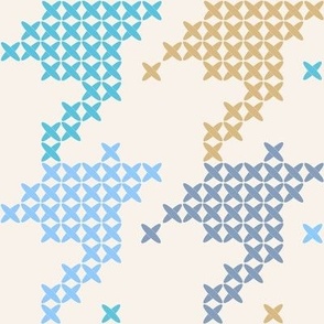 Large scale classic faux cross stitch hounds tooth pattern, for nursery, baby rooms, kids apparel, baby accessories, calming wallpaper, fresh pastel bed linen, crafts and curtains - aqua, mustard and blue