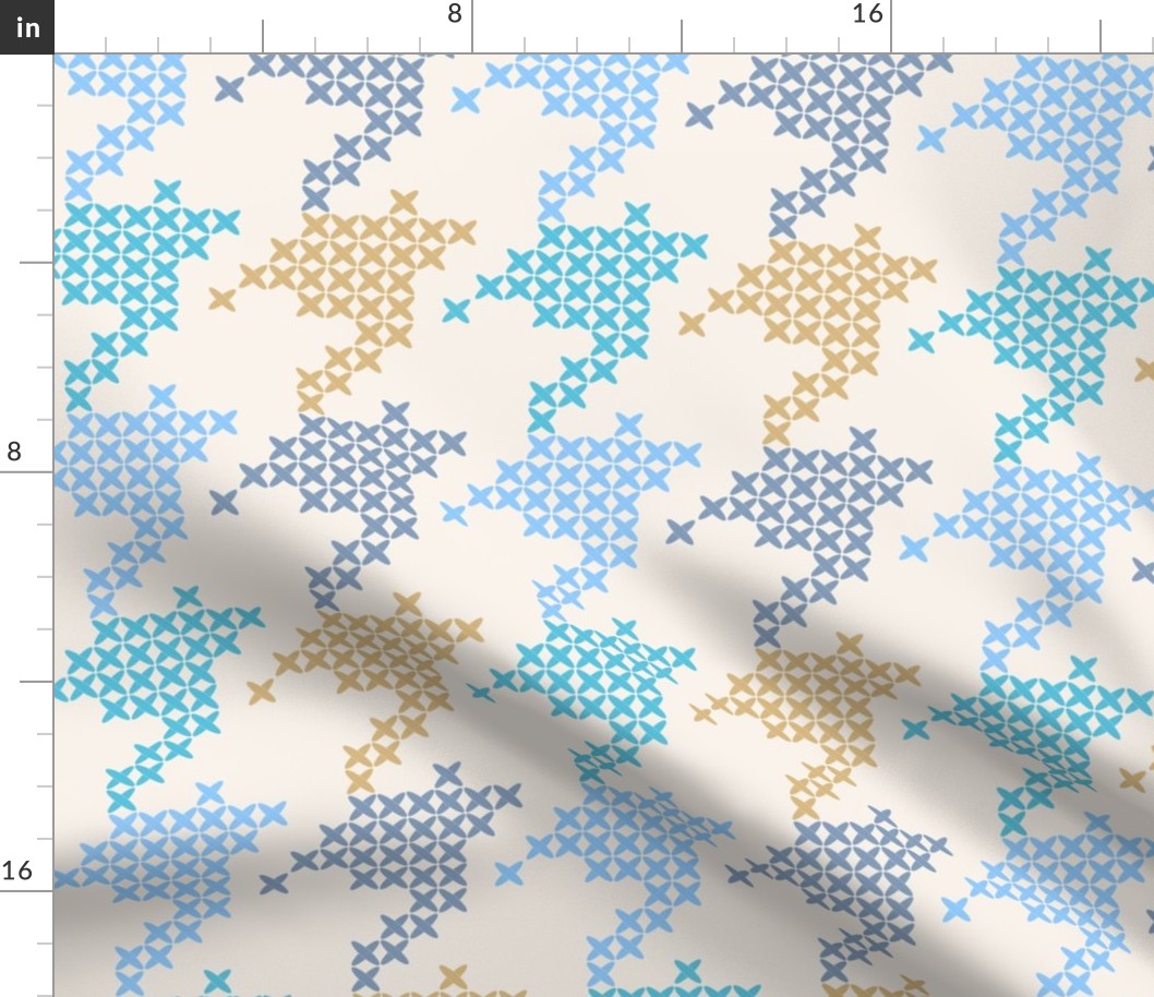 Large scale classic faux cross stitch hounds tooth pattern, for nursery, baby rooms, kids apparel, baby accessories, calming wallpaper, fresh pastel bed linen, crafts and curtains - aqua, mustard and blue