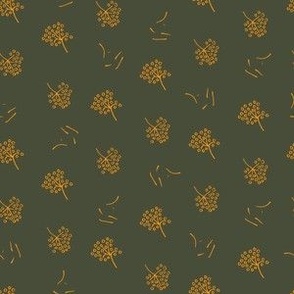 orange fruit flowers on dark green polka dots