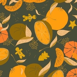 Festive fruits in goldenrod honey orange with yellow gingerbread flowers on dark green