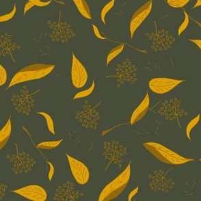 bright yellow Fruit leaves and flowers on dark green