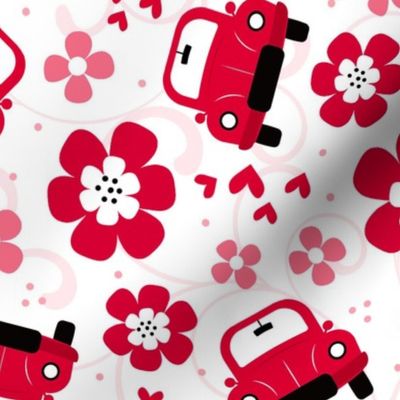 Large Scale Love Bug Little Red Cars Hearts and Flowers on White