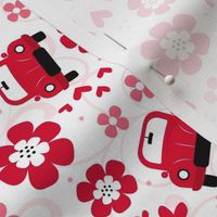 Medium Scale Love Bug Little Red Cars Hearts and Flowers on White