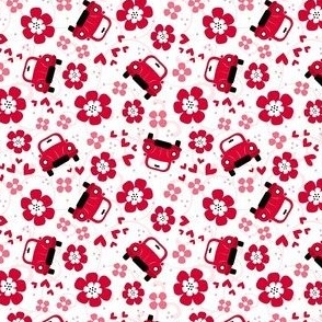 Small Scale Love Bug Little Red Cars Hearts and Flowers on White