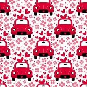 Medium Scale Love Bug Little Red Cars Hearts and Flowers on White
