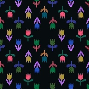 Colorful simple tulips on black - bright floral with flowers in red_ yellow_ purple_ blue_ yellow_ green and brown - small