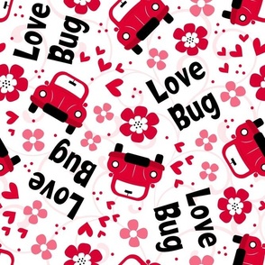 Large Scale Love Bug Little Red Cars Hearts and Flowers on White