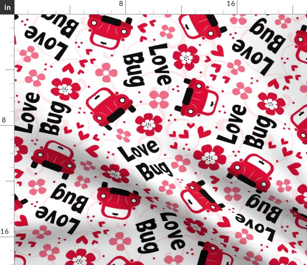 Large Scale Love Bug Little Red Cars Hearts and Flowers on White