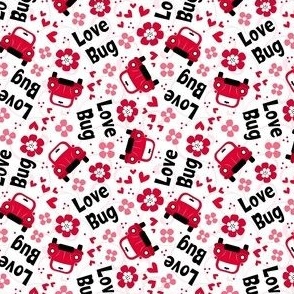 Small Scale Love Bug Little Red Cars Hearts and Flowers on White