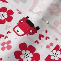 14x18 Panel Love Bug Little Red Cars Hearts and Flowers for Loveys Small Wall Hangings or Towels
