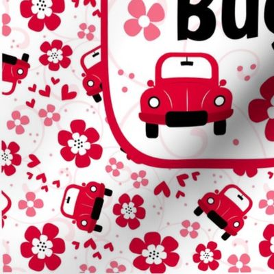 14x18 Panel Love Bug Little Red Cars Hearts and Flowers for Loveys Small Wall Hangings or Towels