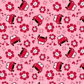 Small Scale Love Bug Little Red Cars Hearts and Flowers on Pink