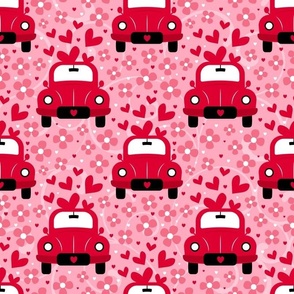 Large Scale Love Bug Little Red Cars Hearts and Flowers on Pink