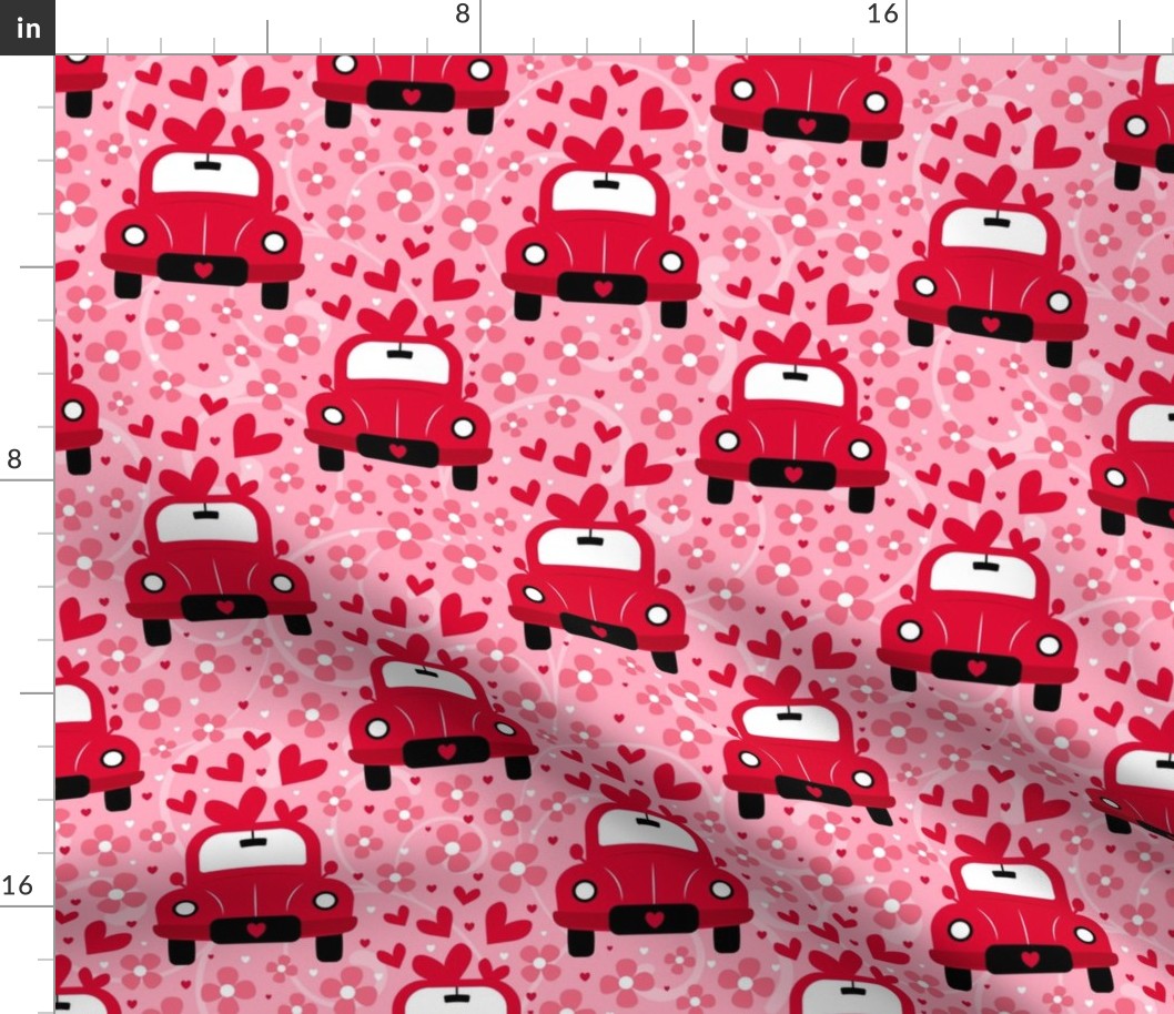 Large Scale Love Bug Little Red Cars Hearts and Flowers on Pink