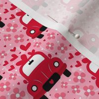 Medium Scale Love Bug Little Red Cars Hearts and Flowers on Pink