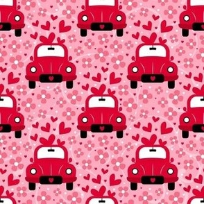 Medium Scale Love Bug Little Red Cars Hearts and Flowers on Pink