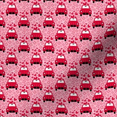 Small Scale Love Bug Little Red Cars Hearts and Flowers on Pink